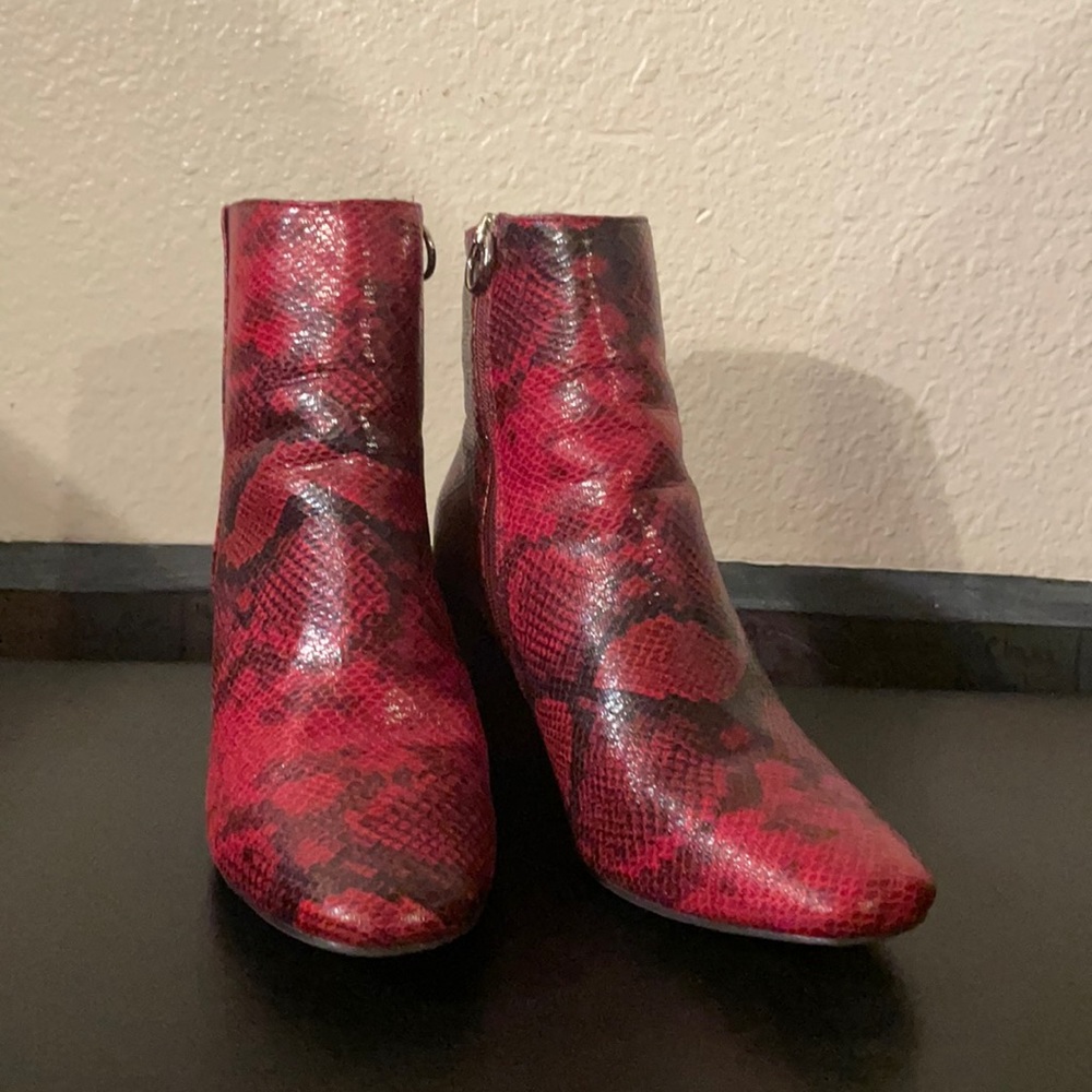 Faux Red Snakeskin boots with a chunky square heel